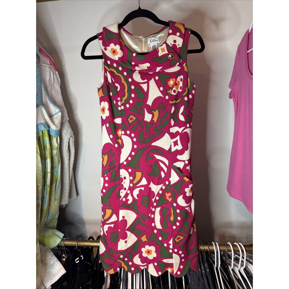 Vintage Lilly Pulitzer Olive Off‎ the Wagon Scallop Hem Dress Pink Floral Size 2